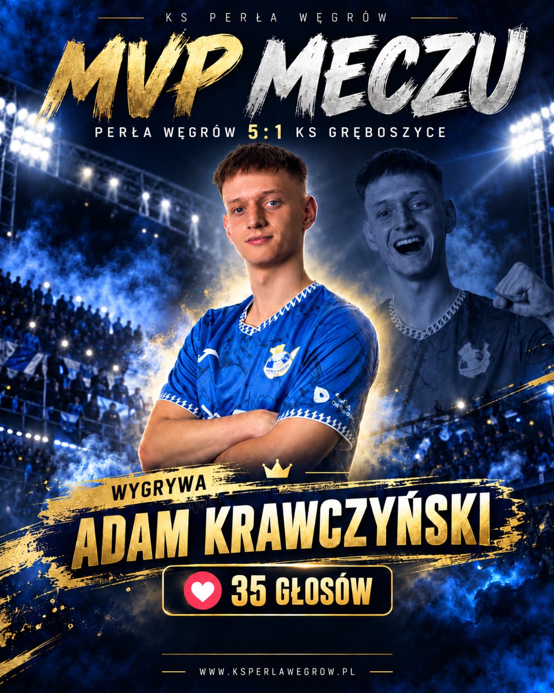 Adam Krawczyński w koszulce Perły Węgrów na grafice ogłaszającej zdobycie tytułu MVP meczu z KS Gręboszyce