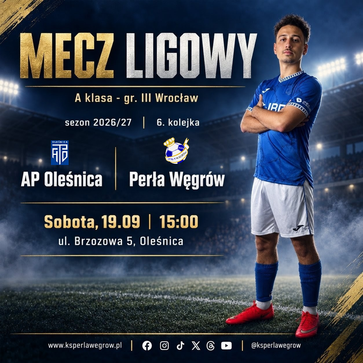 Grafika zapowiadająca wyjazdowy mecz Perły Węgrów z AP Oleśnica