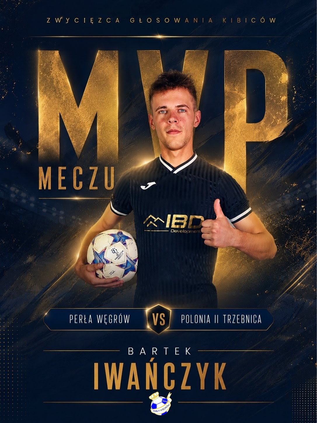 Bartek Iwańczyk w stroju Perły Węgrów - MVP Kibiców meczu z Polonią II Trzebnica