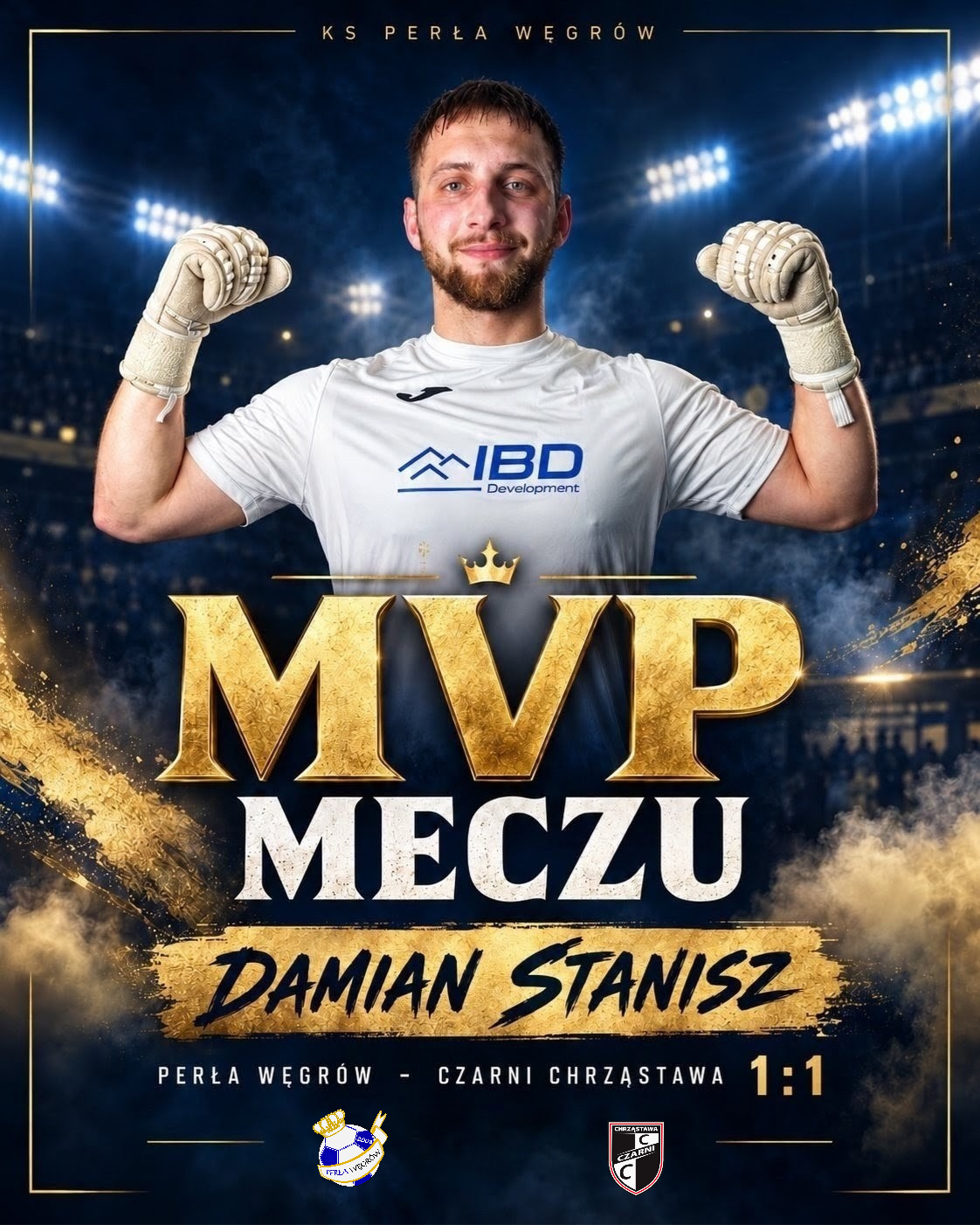 Damian Stanisz, bramkarz Perły Węgrów, na grafice ogłaszającej tytuł MVP meczu