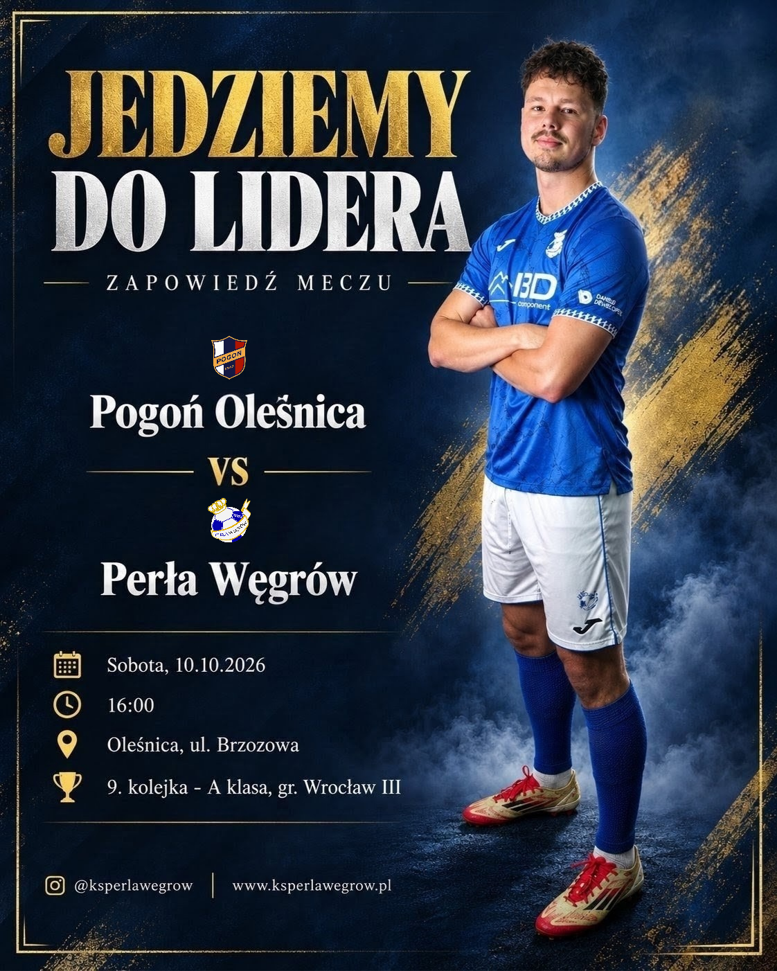 Grafika meczowa zapowiadająca wyjazdowe spotkanie Perły Węgrów w Oleśnicy