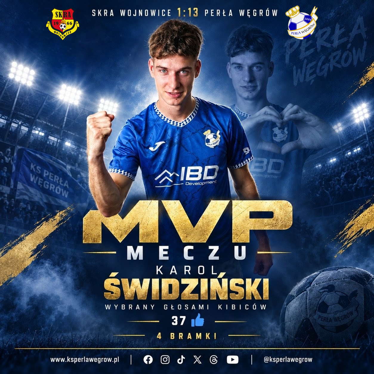 Karol Świdziński na grafice ogłaszającej wybór MVP meczu ze Skrą Wojnowice