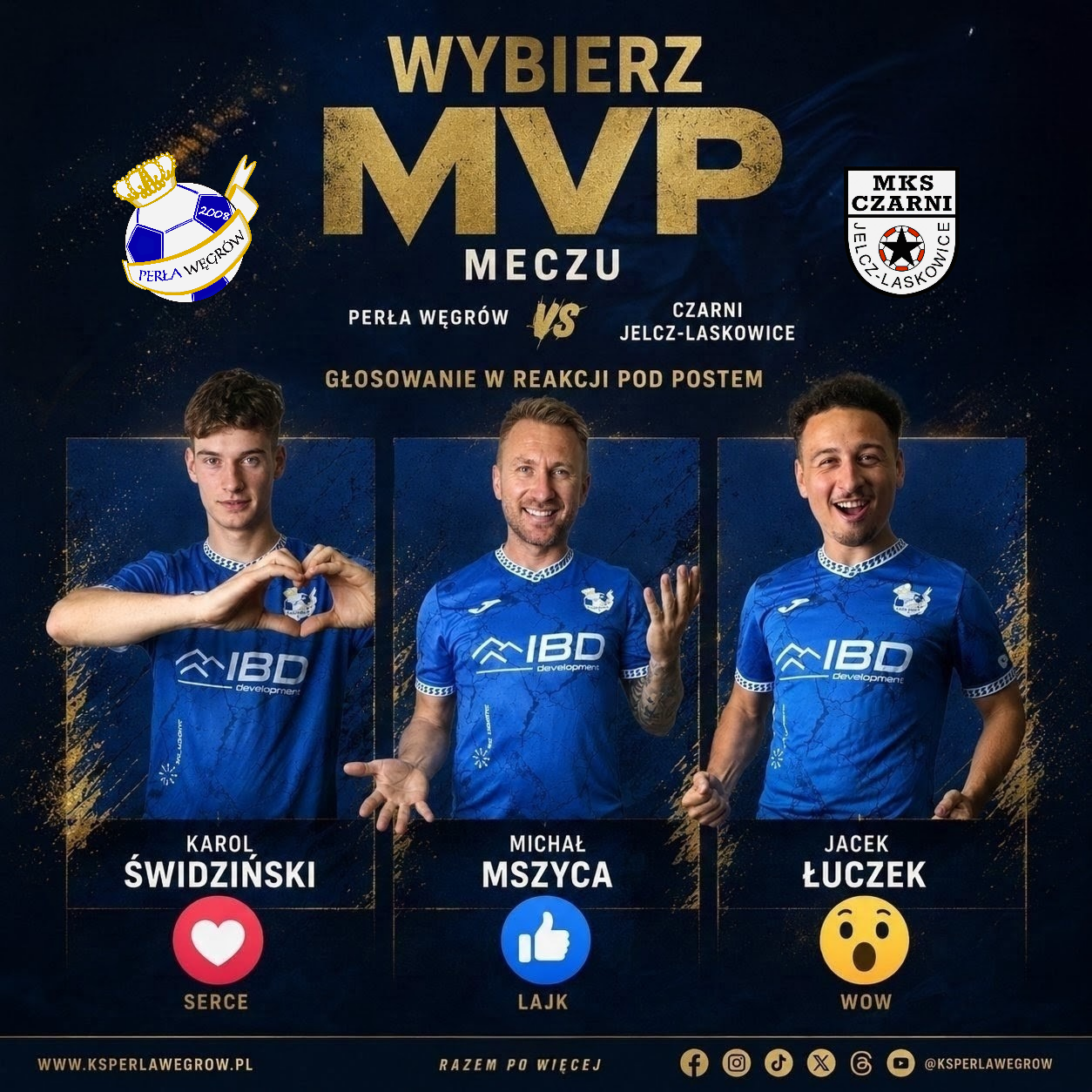 Grafika z trzema nominowanymi do tytułu MVP meczu: Karol Świdziński, Michał Mszyca i Jacek Łuczek w strojach Perły Węgrów