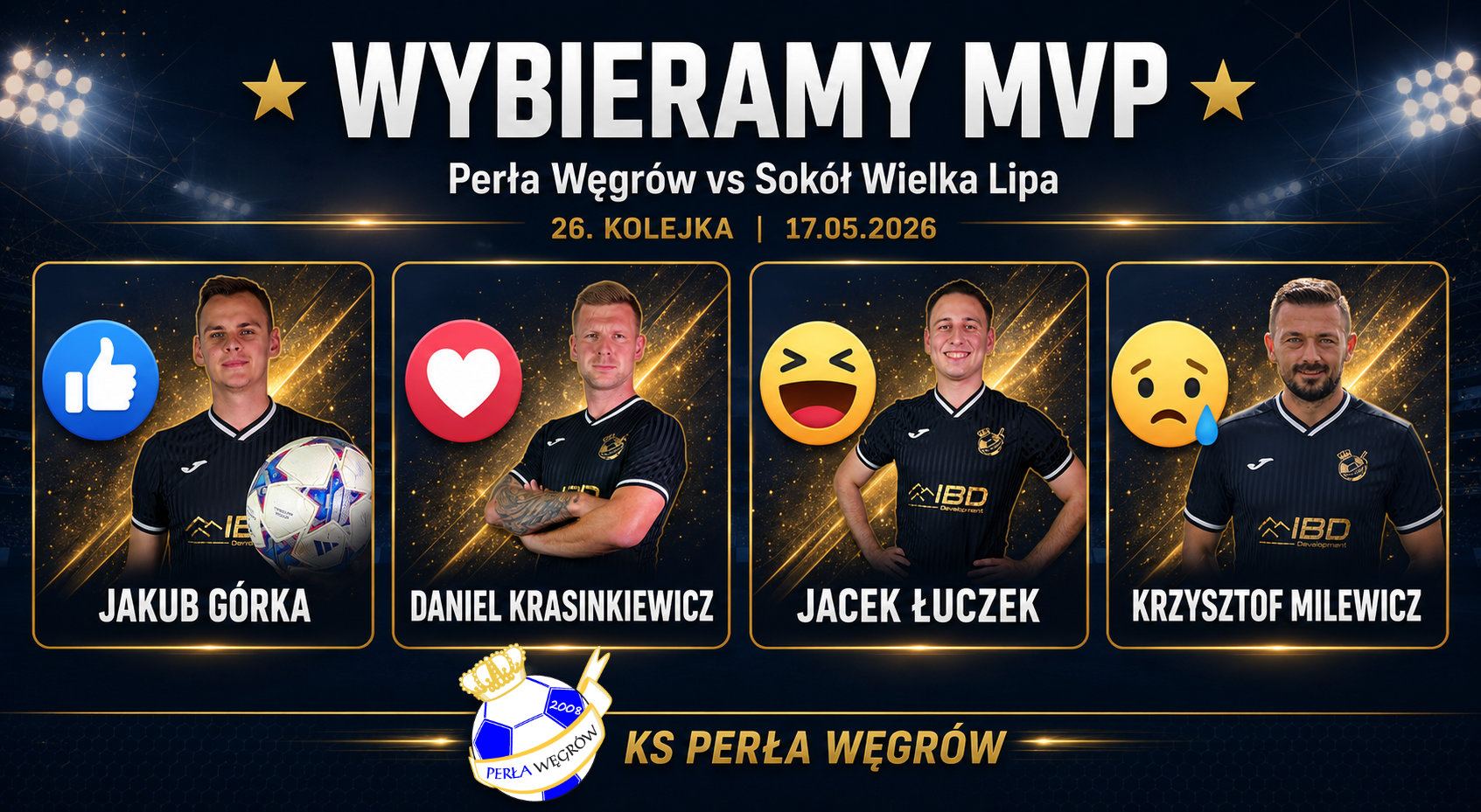 Czterech wyróżnionych zawodników Perły Węgrów nominowanych do tytułu MVP meczu z Sokołem Wielka Lipa - Górka, Krasinkiewicz, Łuczek, Milewicz