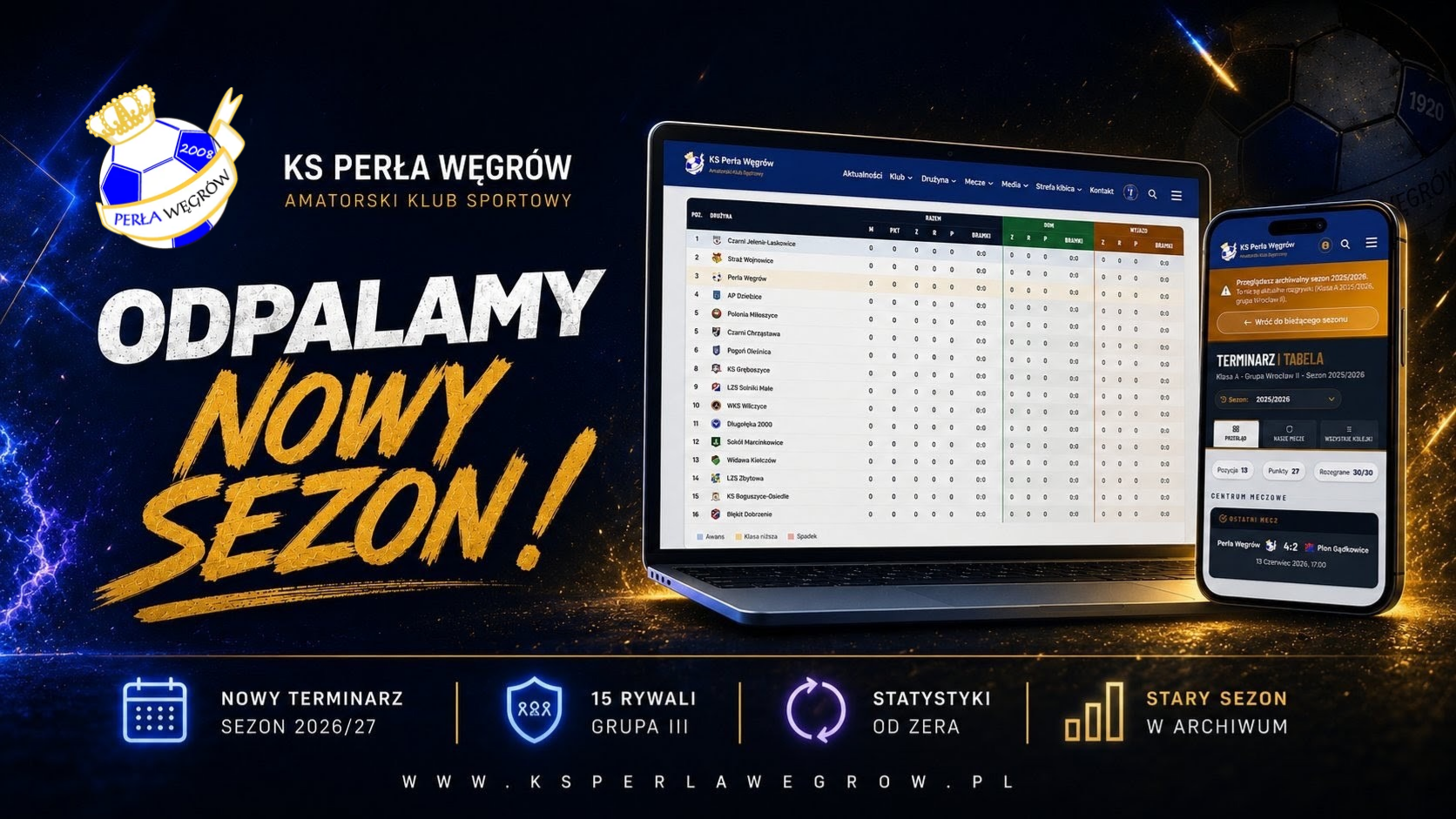 Laptop z otwartą stroną KS Perła Węgrów i terminarzem sezonu 2026/27