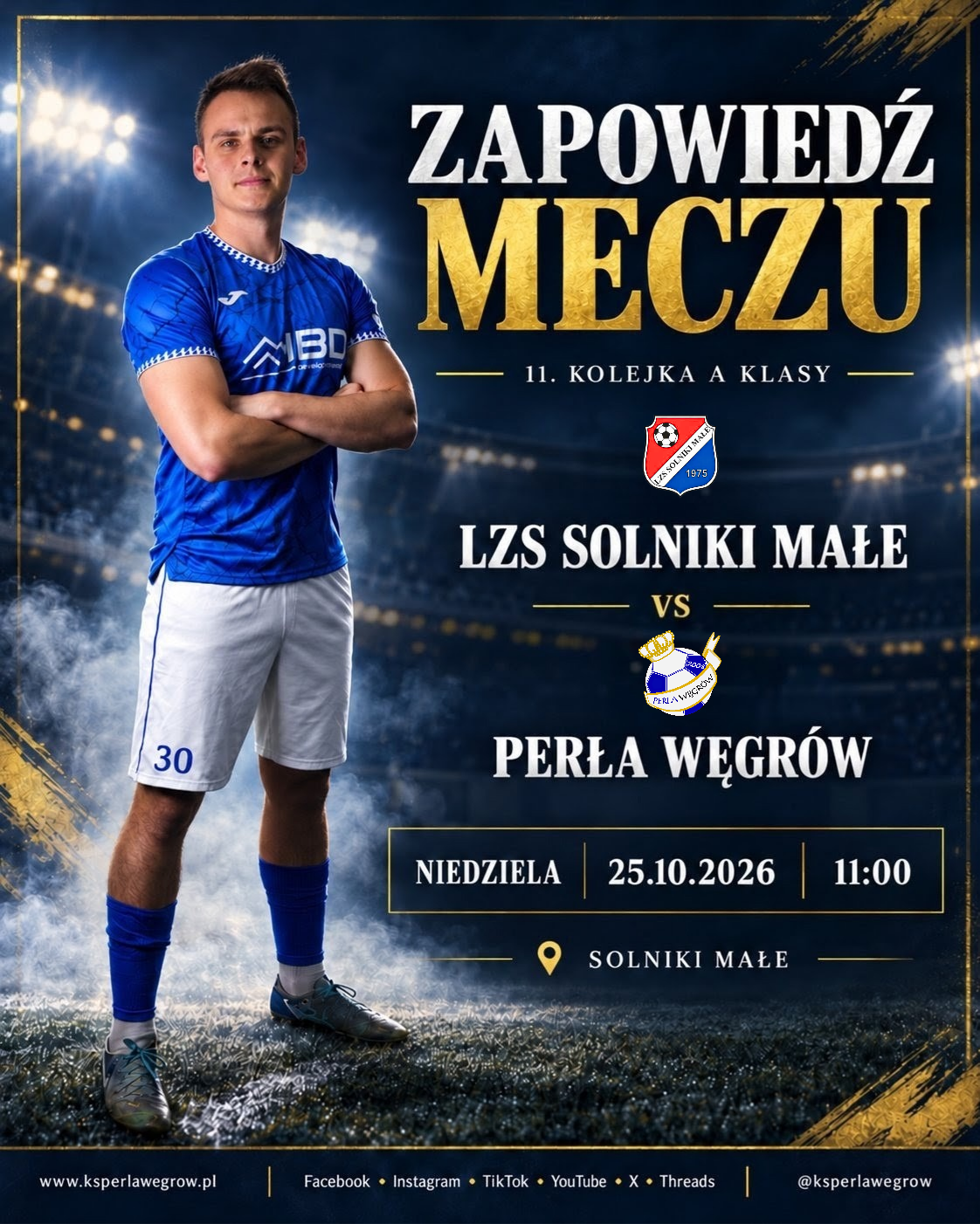Grafika zapowiadająca wyjazdowy mecz Perły Węgrów z LZS Solniki Małe