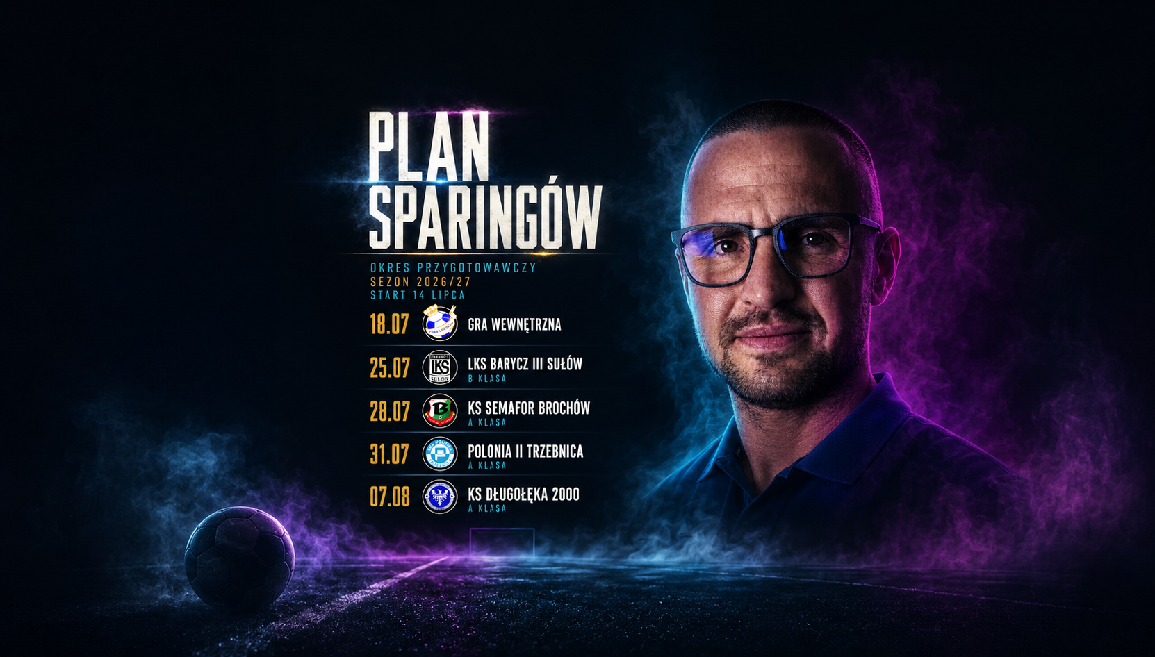 Trener Krzysztof Nowak na grafice z planem sparingów Perły Węgrów na okres przygotowawczy sezonu 2026/27