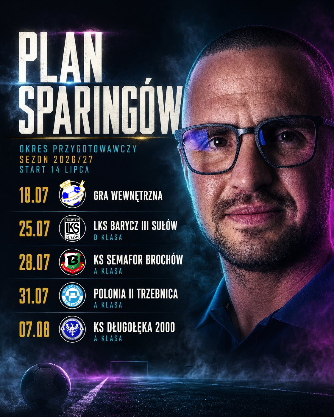Trener Krzysztof Nowak na grafice z planem sparingów Perły Węgrów na okres przygotowawczy sezonu 2026/27