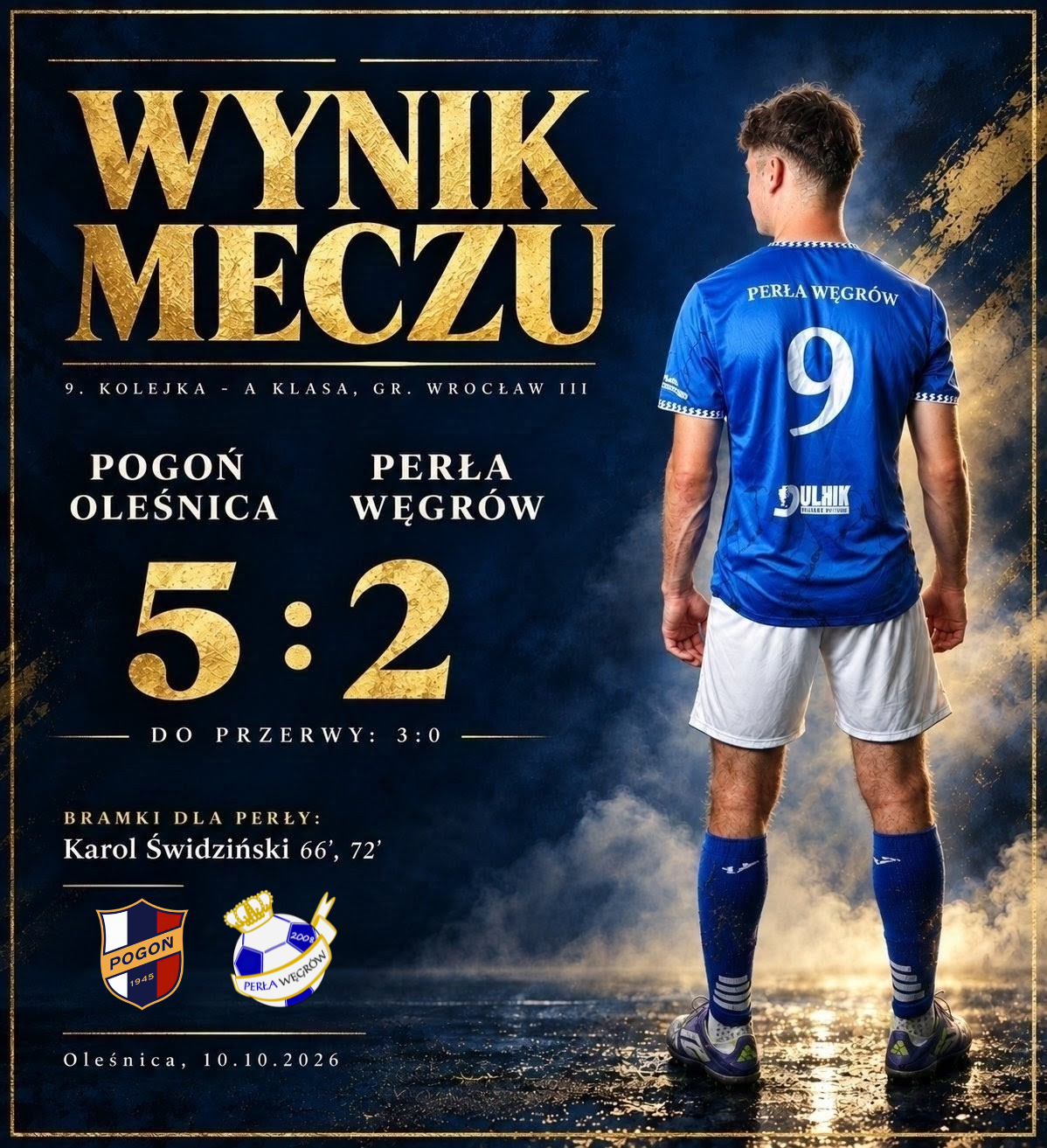 Grafika pomeczowa spotkania Pogoń Oleśnica - Perła Węgrów zakończonego wynikiem 5:2