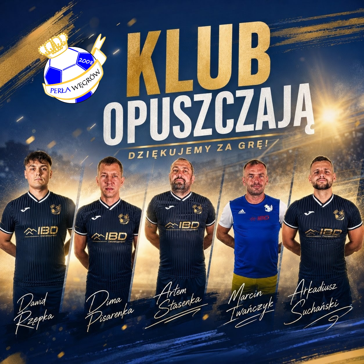 Grafika pożegnalna Perły Węgrów z pięcioma odchodzącymi zawodnikami