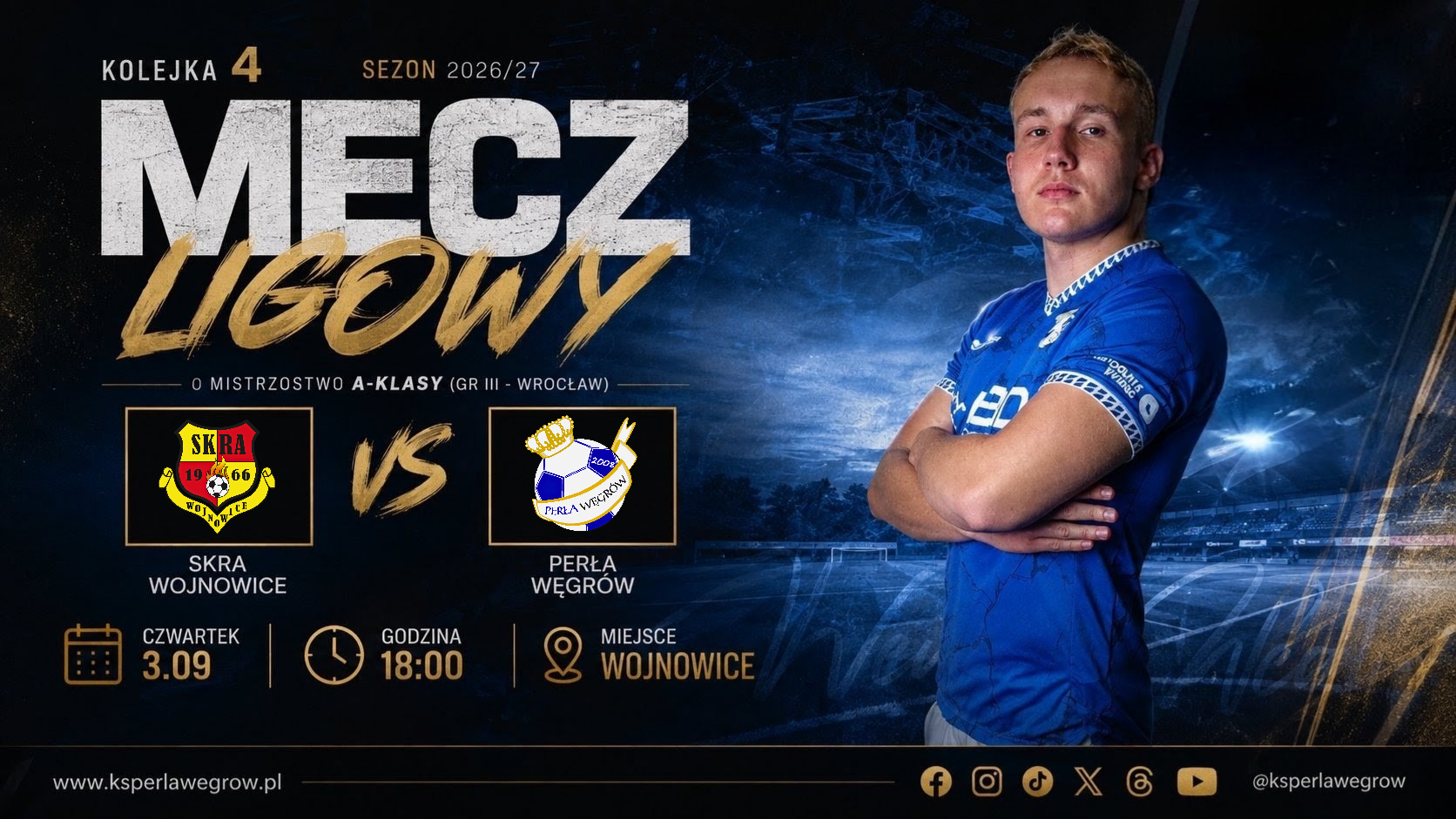 Grafika zapowiadająca mecz 4. kolejki Skra Wojnowice - Perła Węgrów w czwartek o 18:00