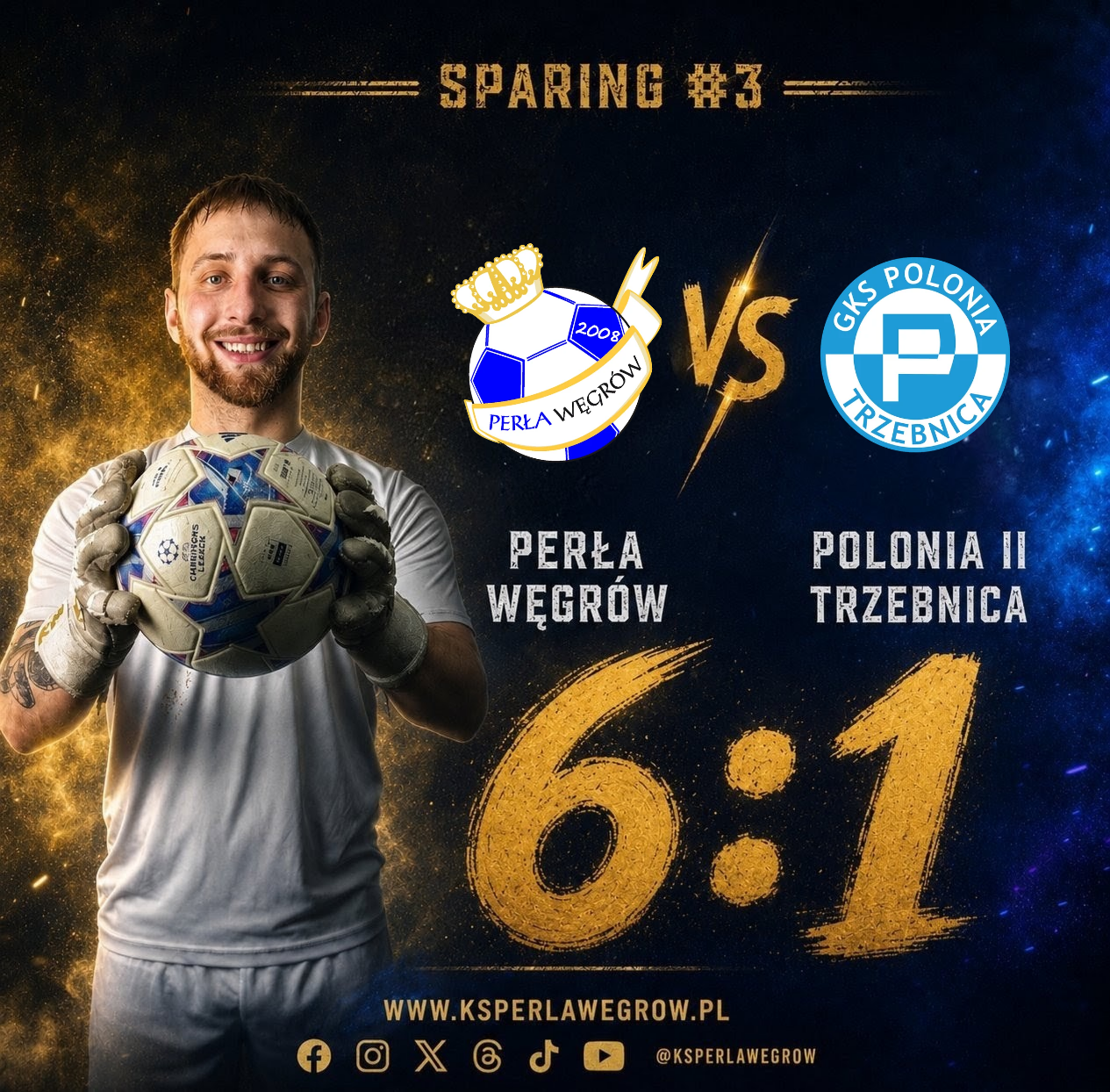 Grafika meczowa z wynikiem sparingu Perła Węgrów - GKS Polonia Trzebnica II 6:1, z bramkarzem Perły trzymającym piłkę