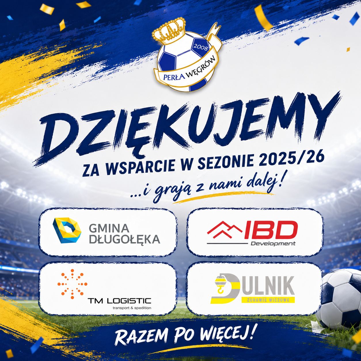 Granatowo-złota grafika z herbem Perły Węgrów i napisem "Dziękujemy za wsparcie w sezonie 2025/26"