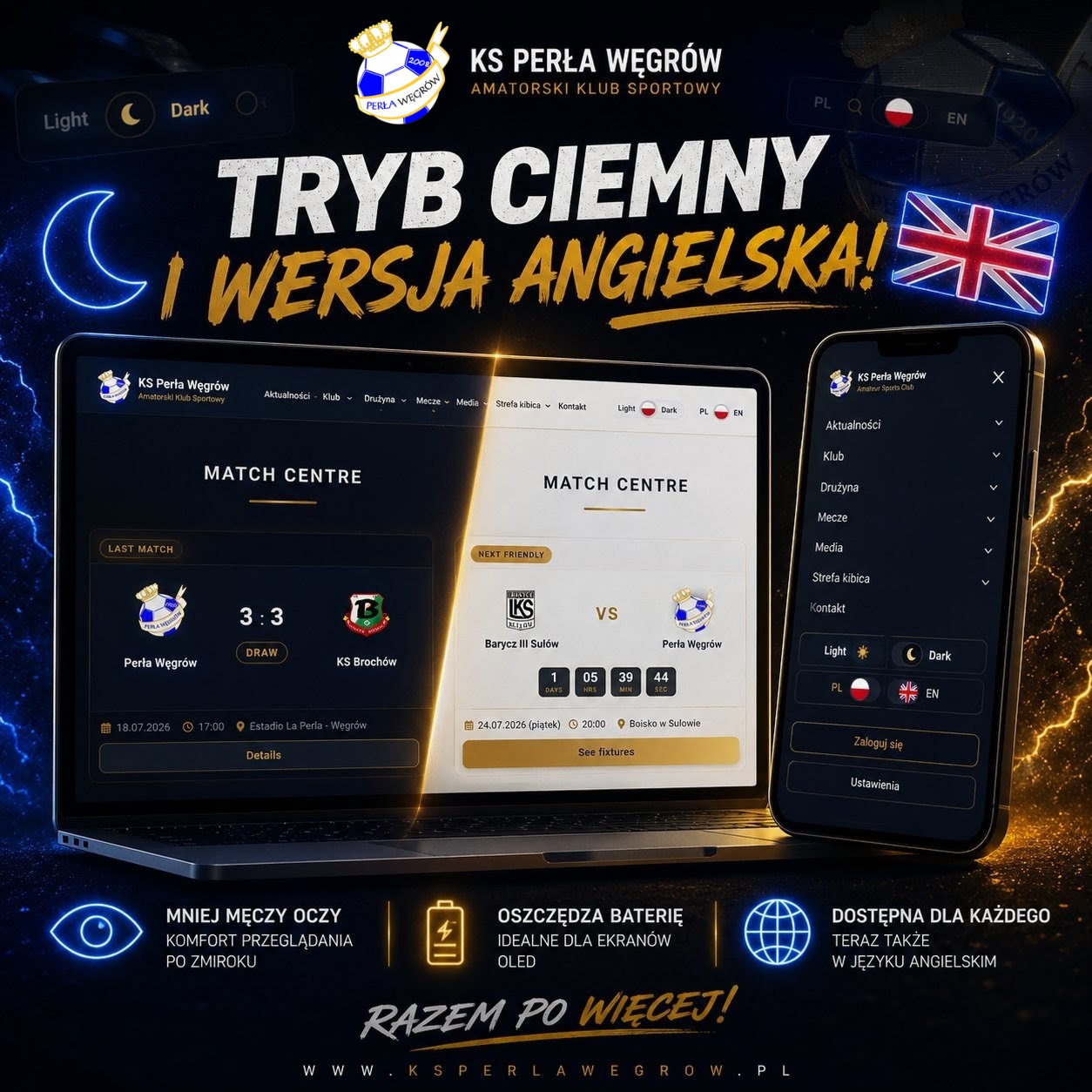Strona KS Perła Węgrów w trybie jasnym i ciemnym oraz z przełącznikiem języka PL/EN