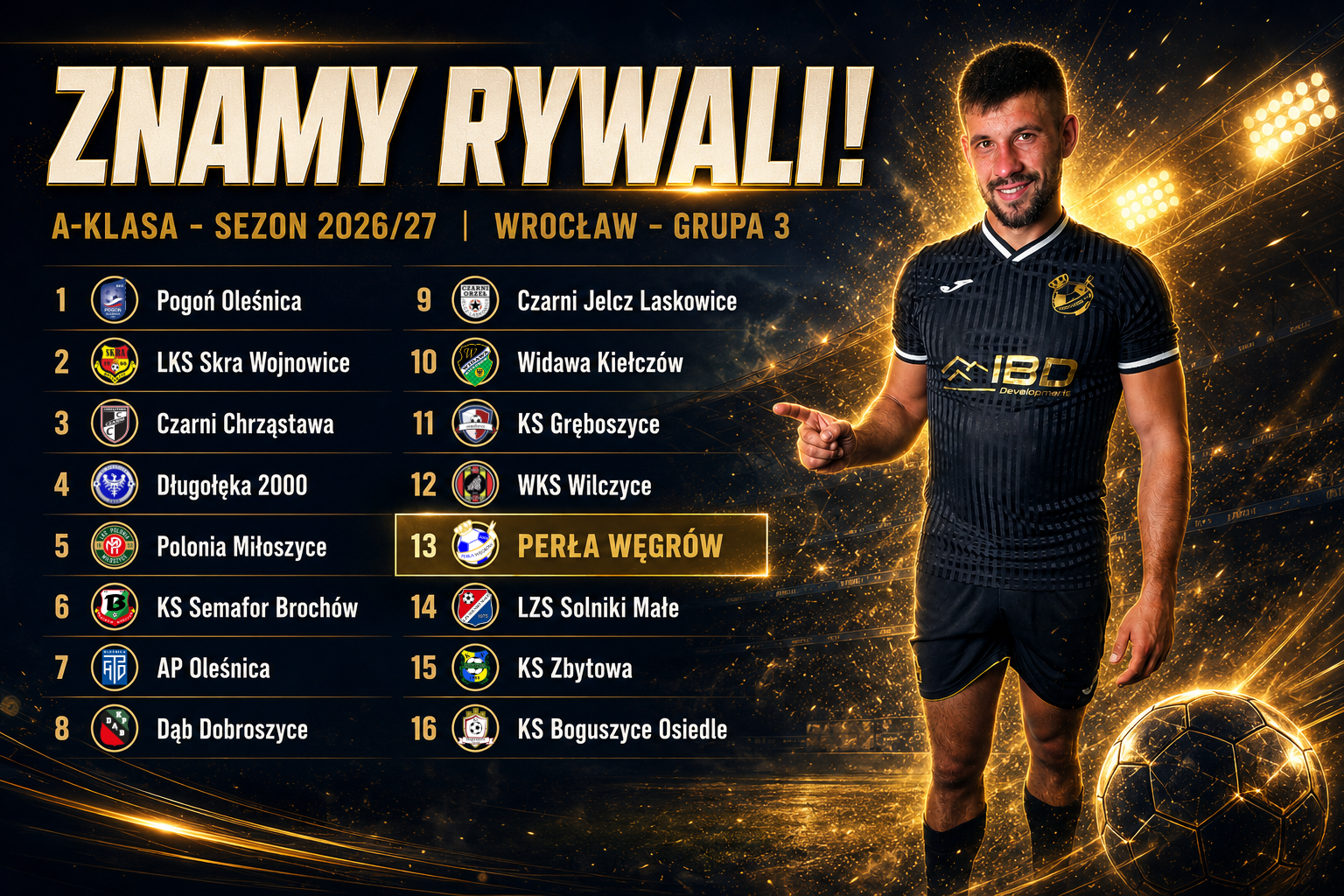 Grafika KS Perła Węgrów z listą 16 drużyn grupy III A klasy Wrocław na sezon 2026/27