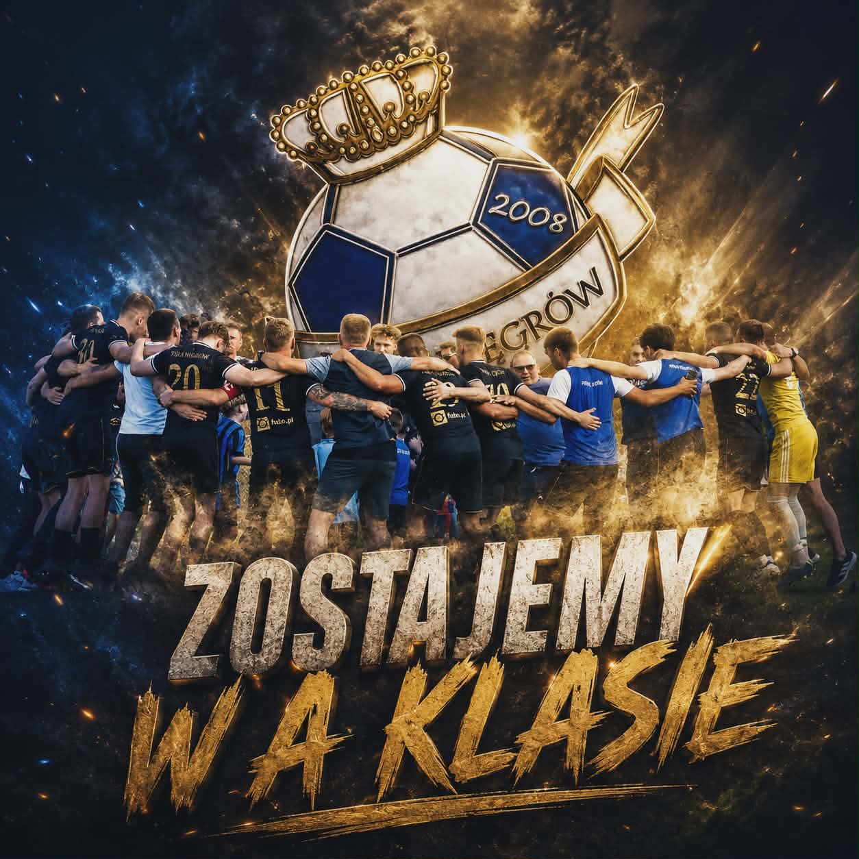 Piłkarze Perły Węgrów stojący ramię w ramię po meczu, w tle herb klubu i napis Zostajemy w A klasie